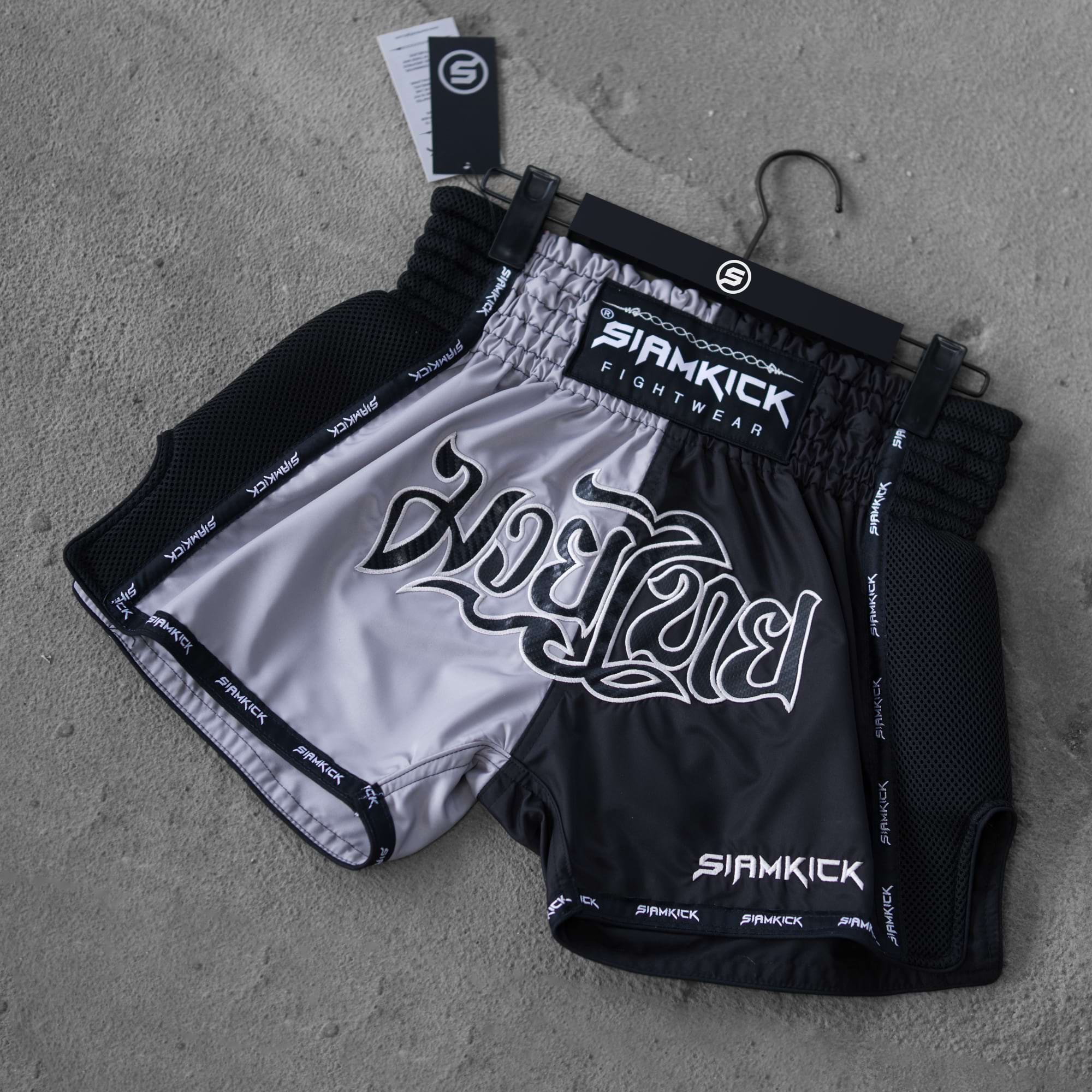 black and grey muay thai shorts