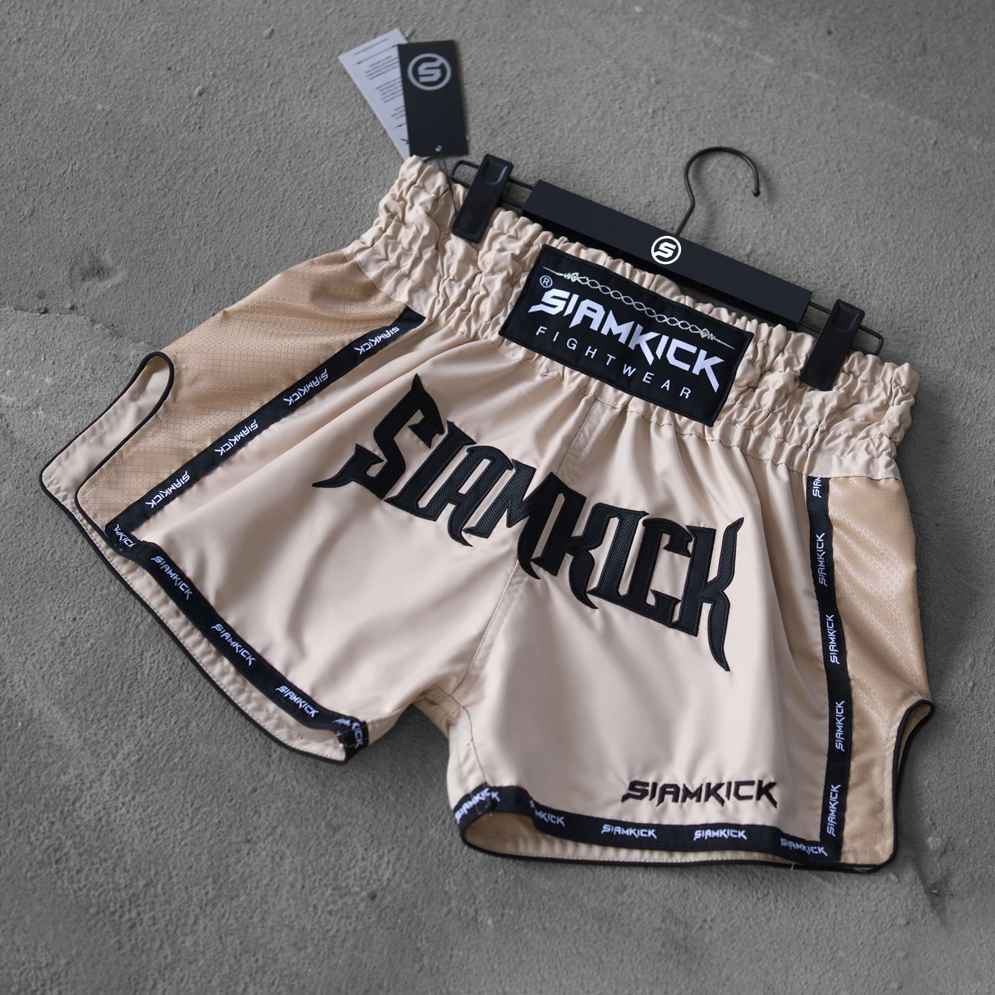 tan and beige muay thai shorts
