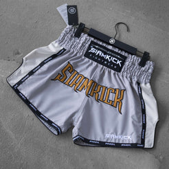 white and grey muay thai shorts