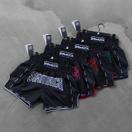The SIAMKICK Forged Series custom Muay Thai shorts shown together