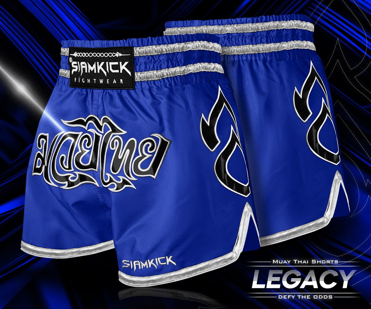 blue and silver muay thai shorts