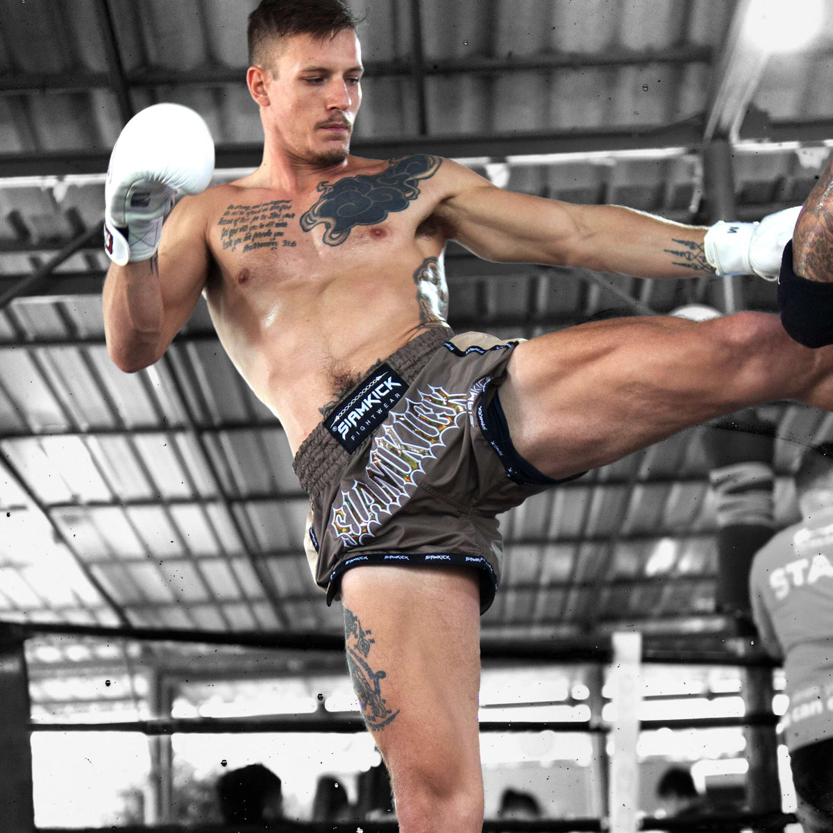 Muay-Thai-Shorts „Primal Origins“, getragen von Zack, Größe L