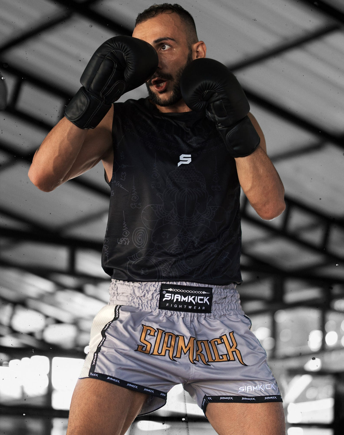 Muay-Thai-Shorts „Stealth Grey“, getragen von Shahoo, Größe L