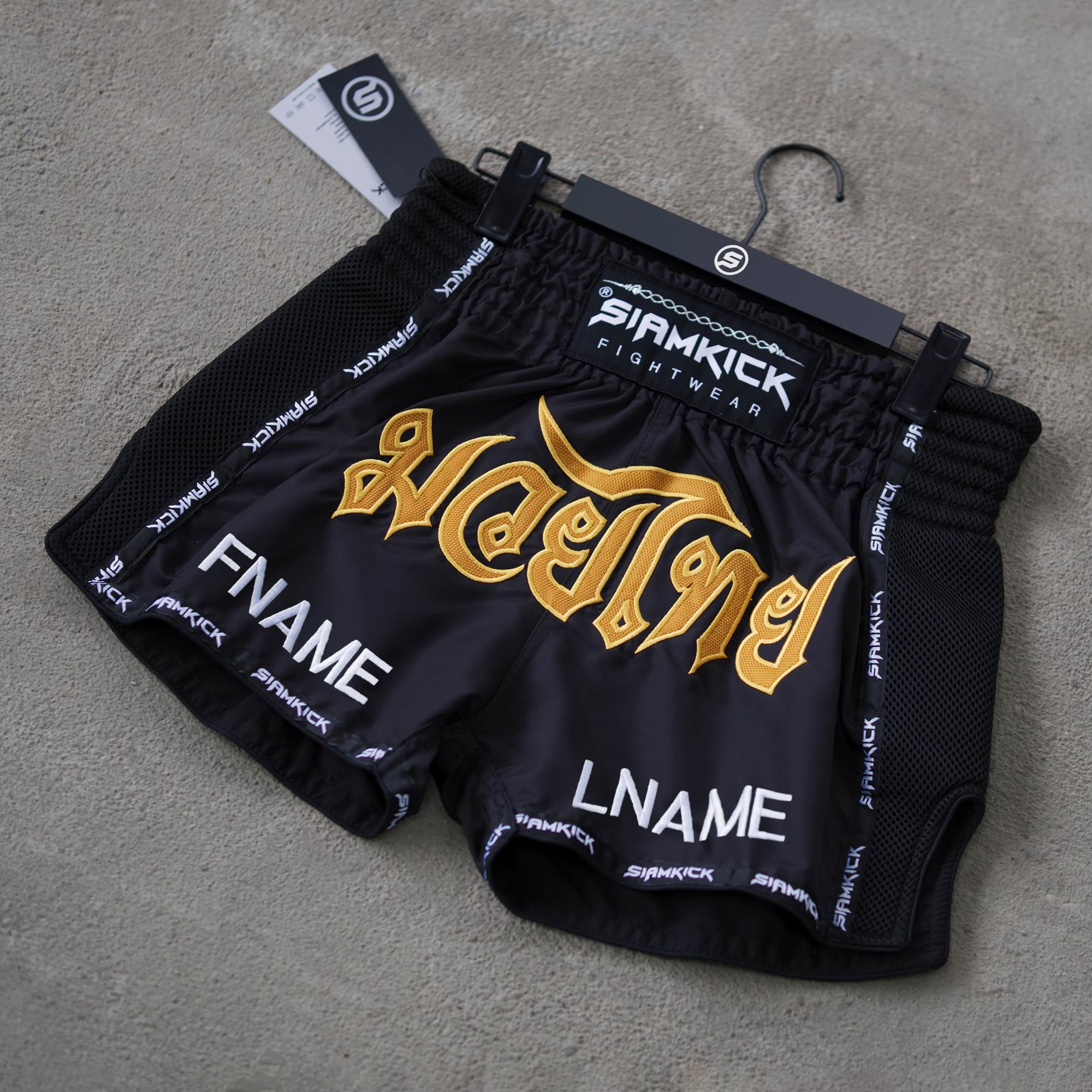 black retro custom muay thai shorts