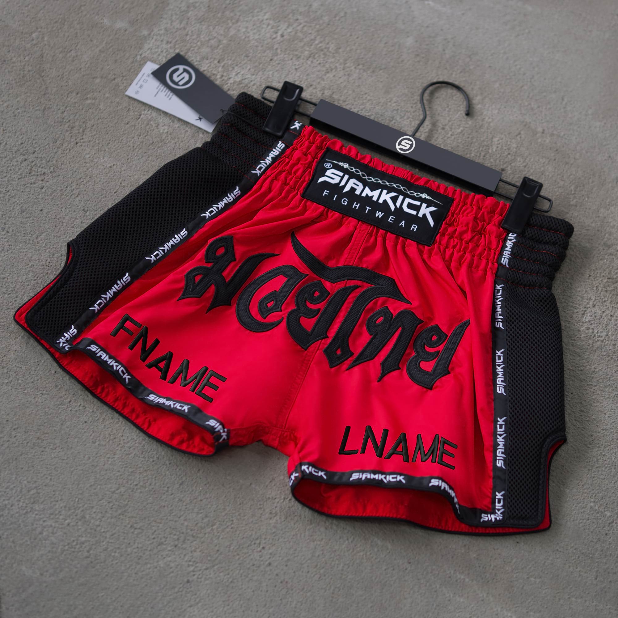 red retro custom muay thai shorts