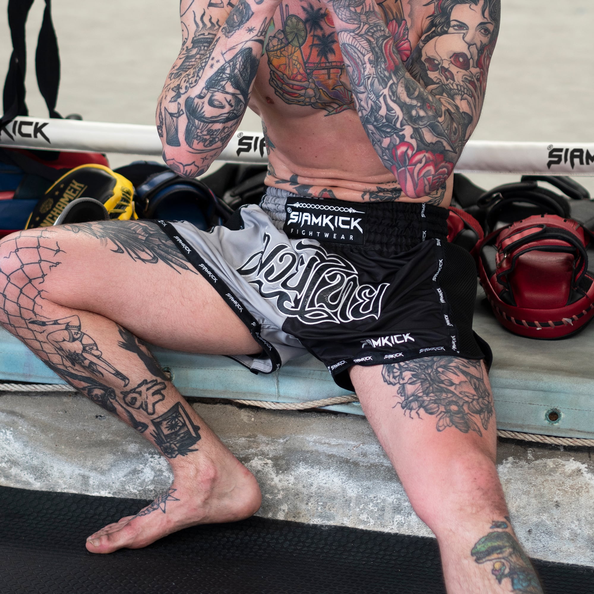 grey and black muay thai shorts