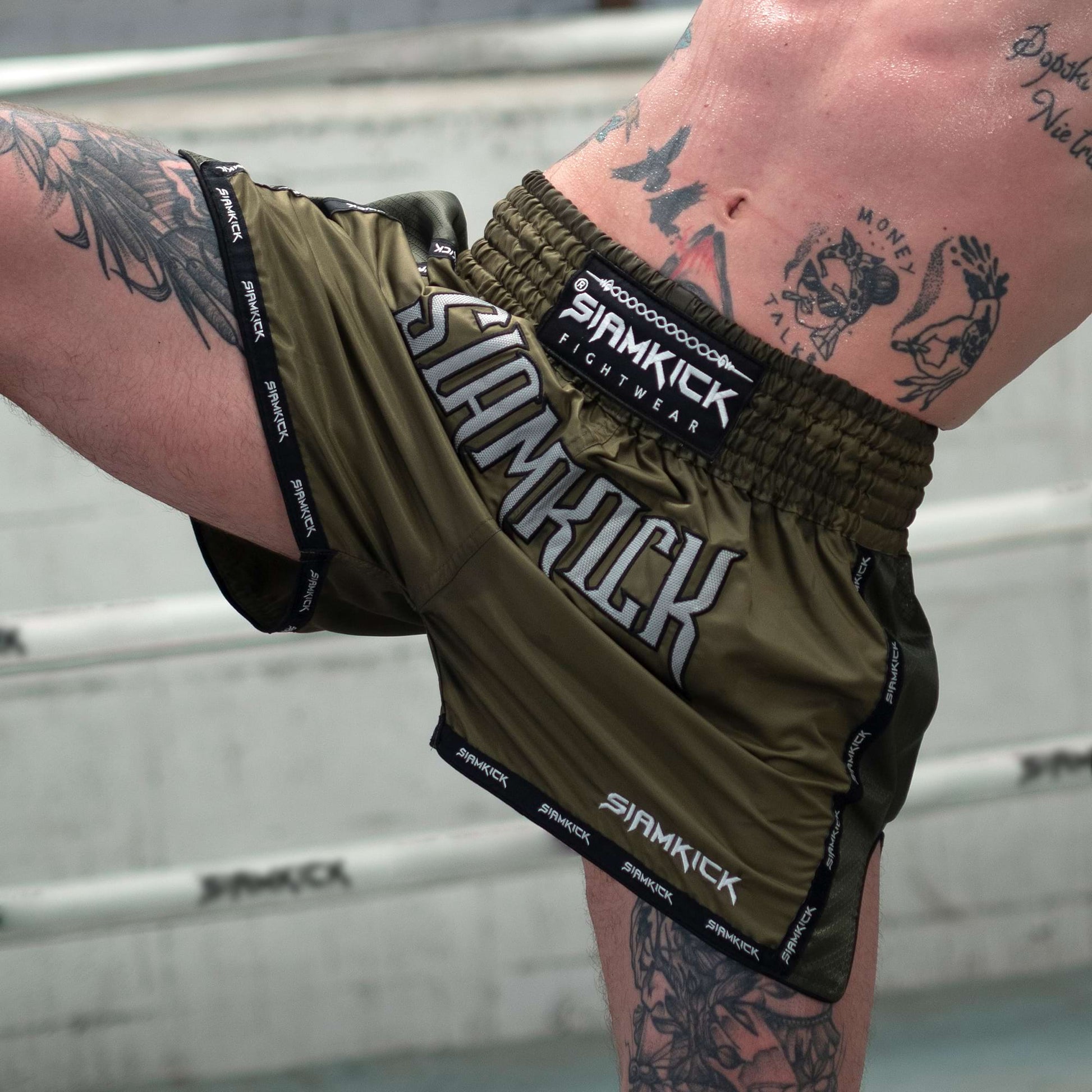 army green kickboxing shorts