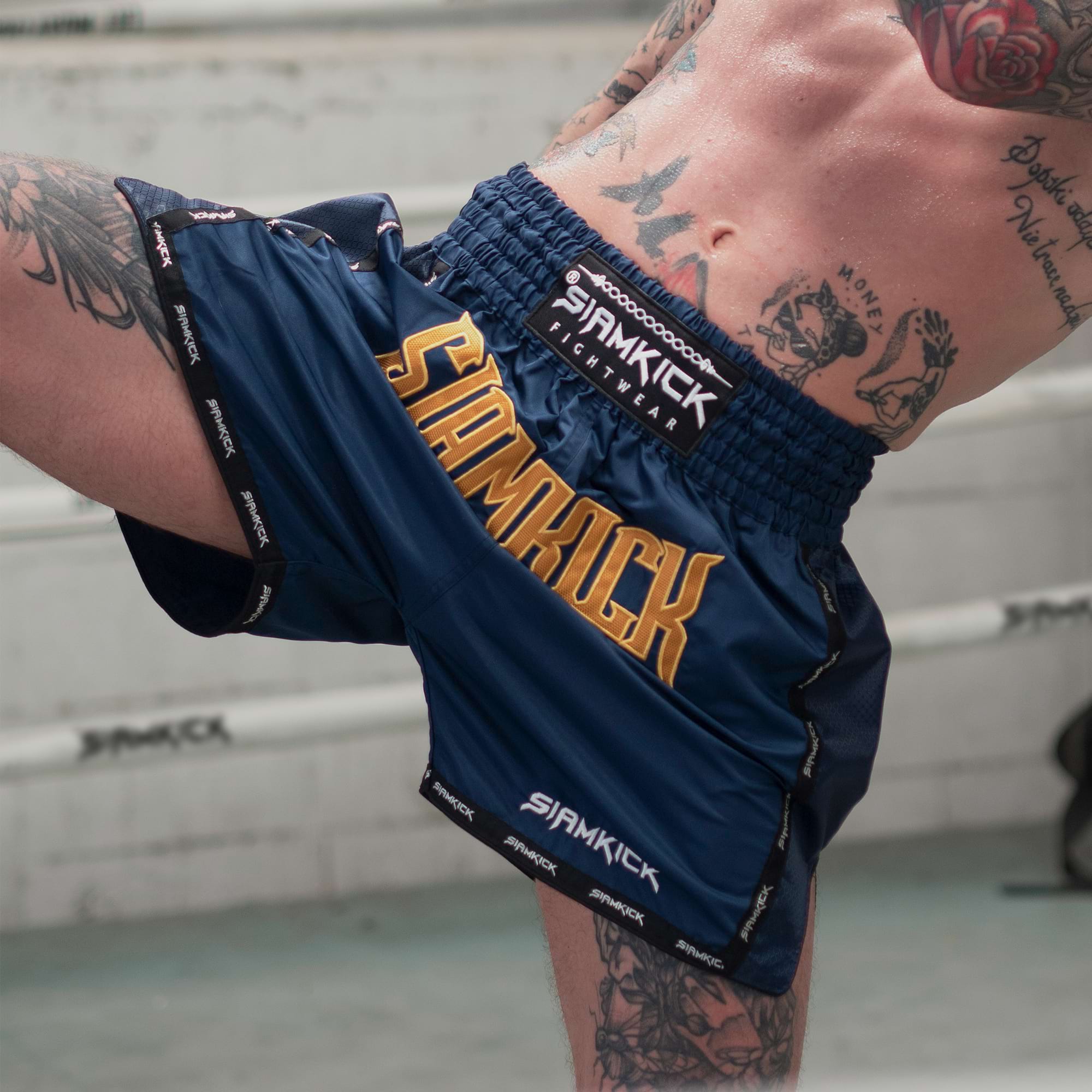 navy and gold fight shorts