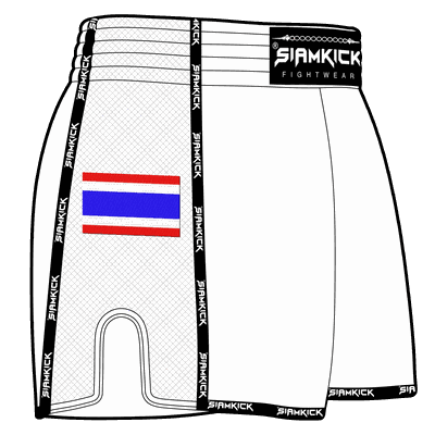 Embroidered Thailand flag on the right leg of custom Muay Thai shorts